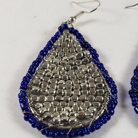 Silver tone Criss-Crossed Wired Hoop - Blue & Silver Beads Teardrop Earrings - Picture 3 of 3
